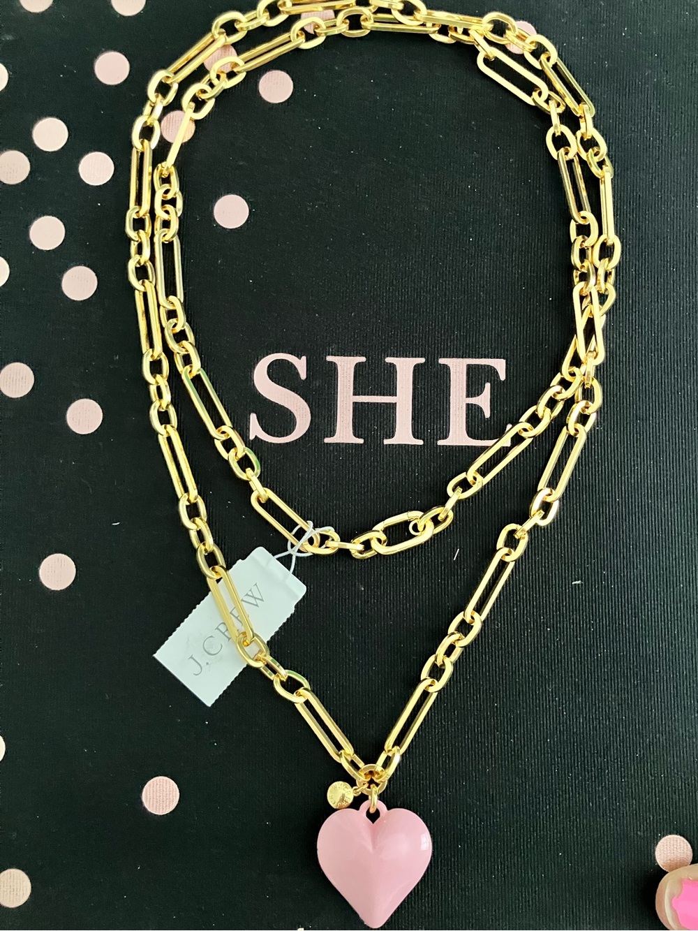 NWT J Crew Pink Enamel Heart Gold Tone Chain Link Statement Necklace - Picture 4 of 5